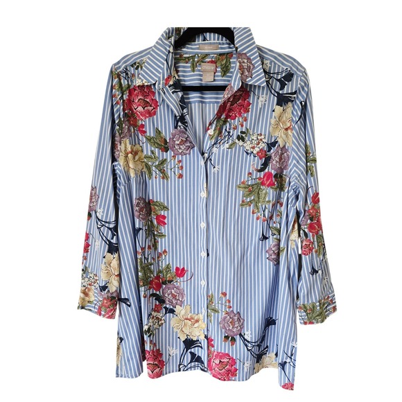 Chico's Tops - Chico's 3 No Iron Striped Floral Button Down Shirt Blue White Pink Womens 16-18